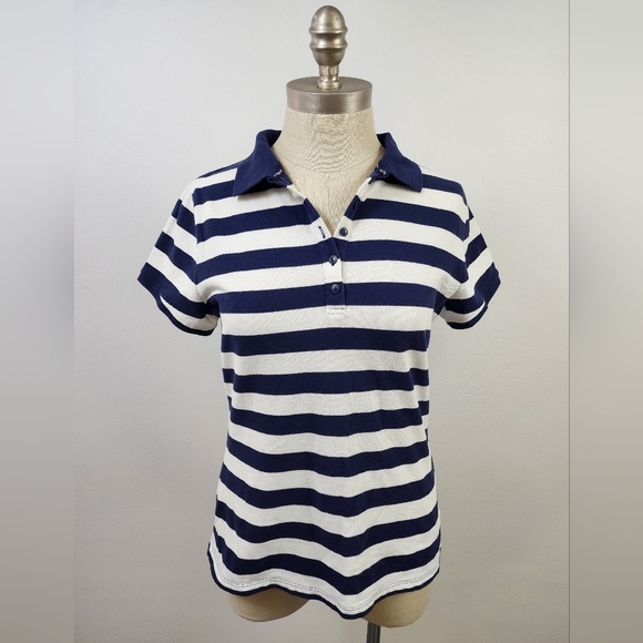 Liz Claiborne Tops - Liz Claiborne Blue White Striped Polo Shirt Nautical Preppy Size Medium
